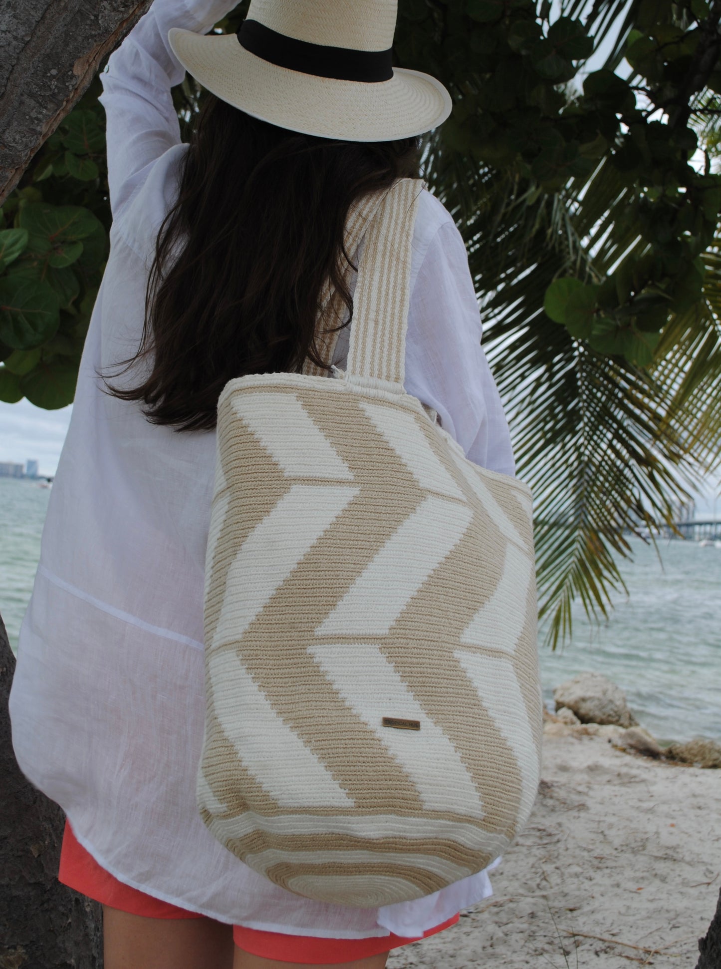 Beige and White Tote