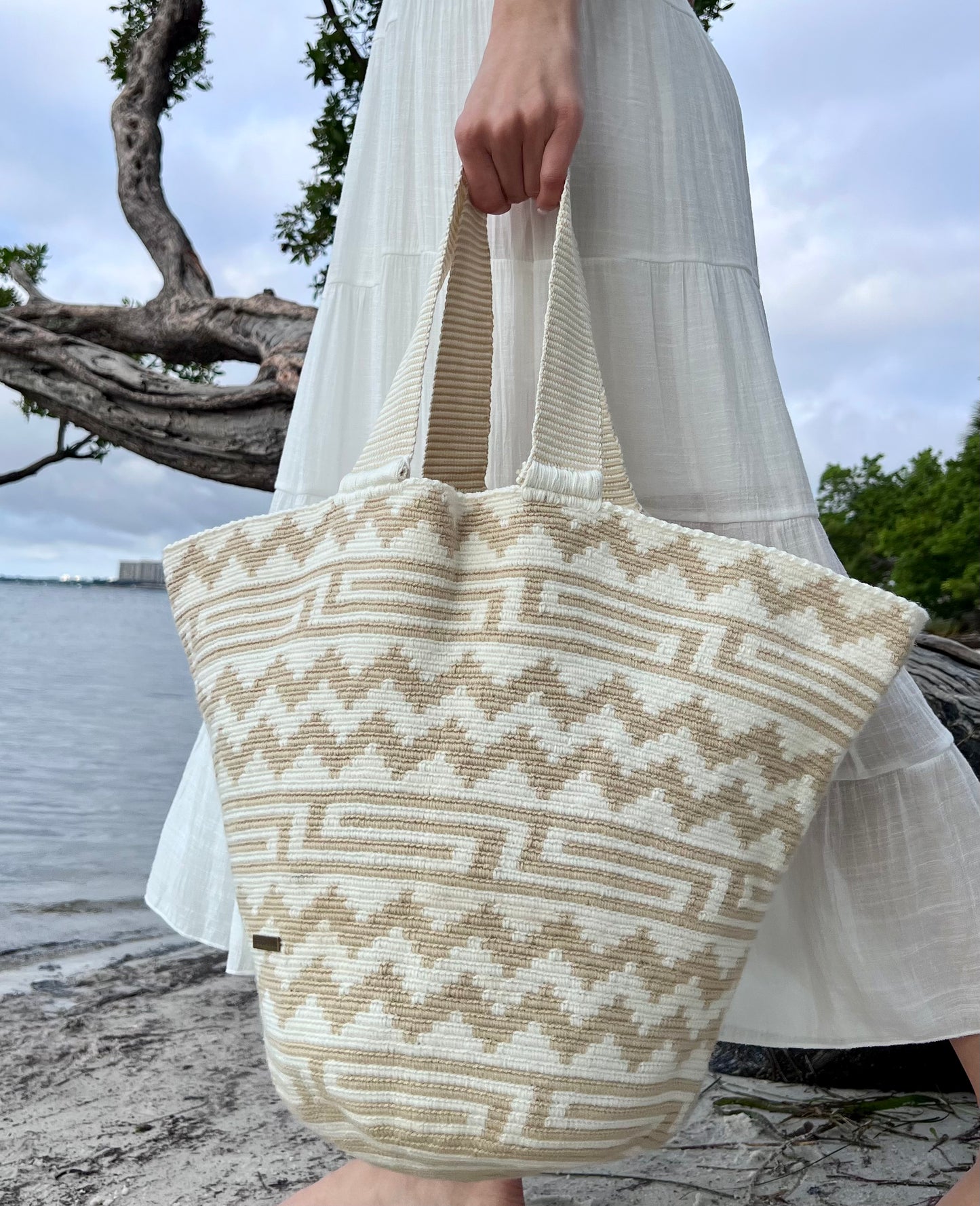 Beige and White Beach Bag