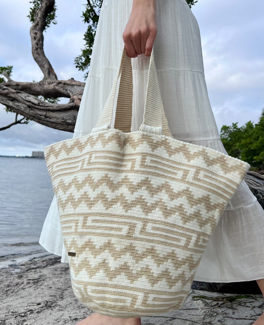 Beige and White Beach Bag